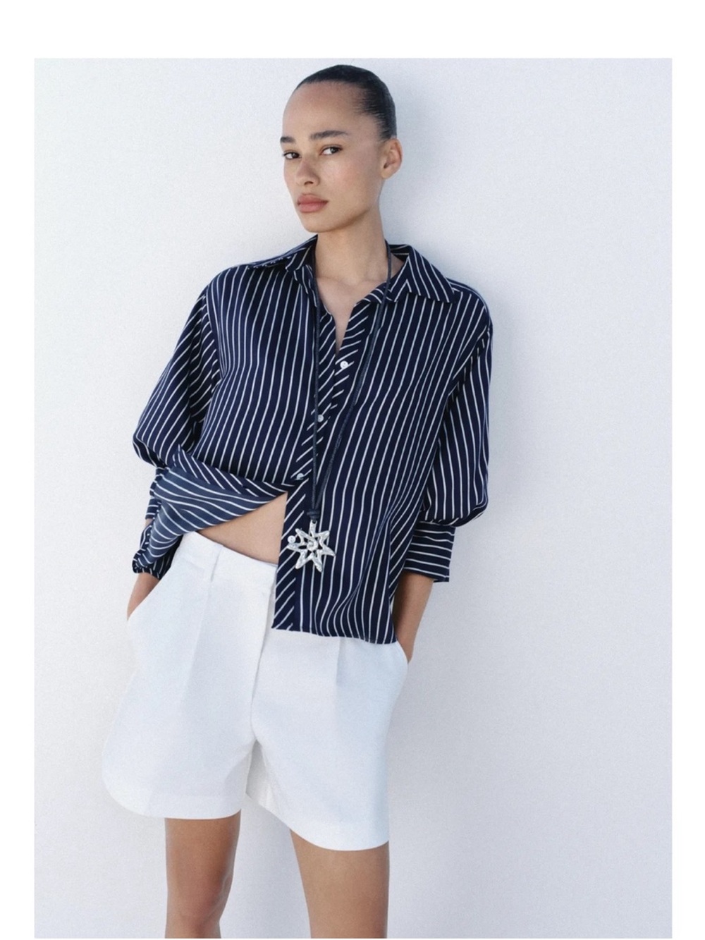 ZARA Striped Navy Button-Down Shirt - Women
